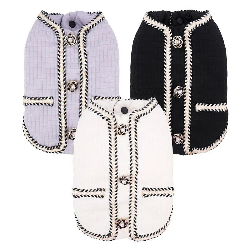 Cartoon-style quilted dog coat in light purple colour on mannequin