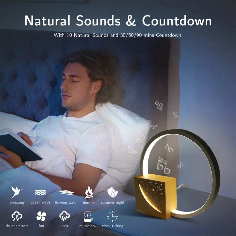 Navy blue touch bedside lamp with digital alarm clock display and natural sounds functions