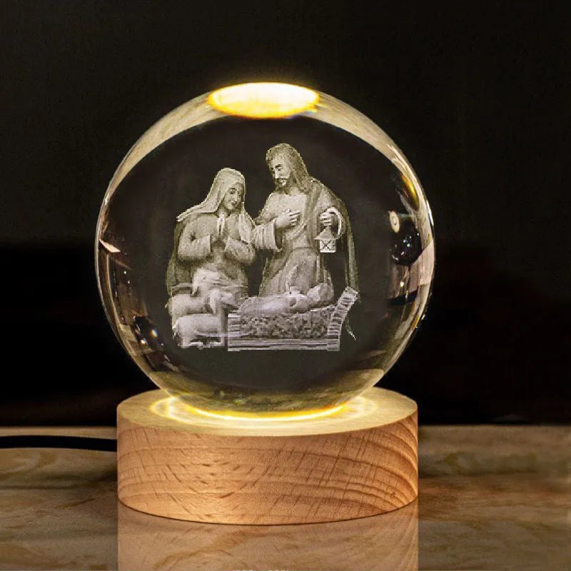White crystal ball desk ornament on a wooden warm light base, showing purity-themed designs.