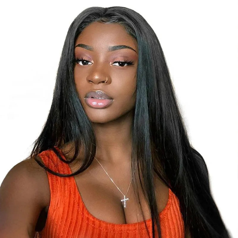 Long straight synthetic wig for women with centre-parted bangs in black colour.