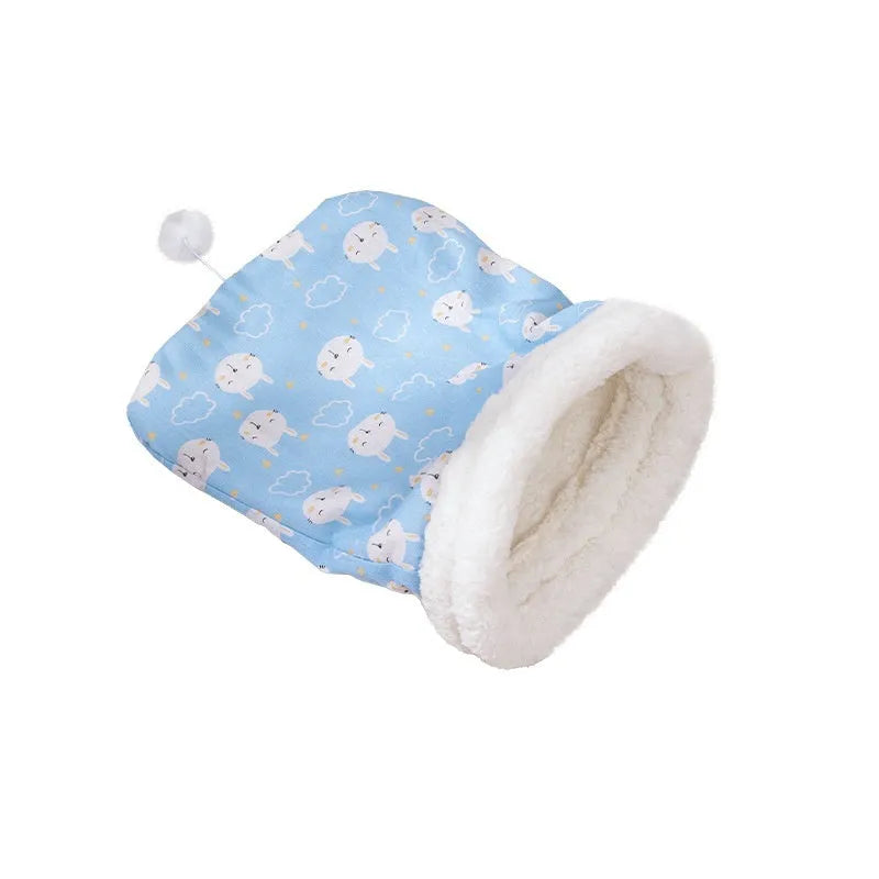 Flannel cat sleeping bag nest pet bed in blue rabbit design, 50cm by 40cm.