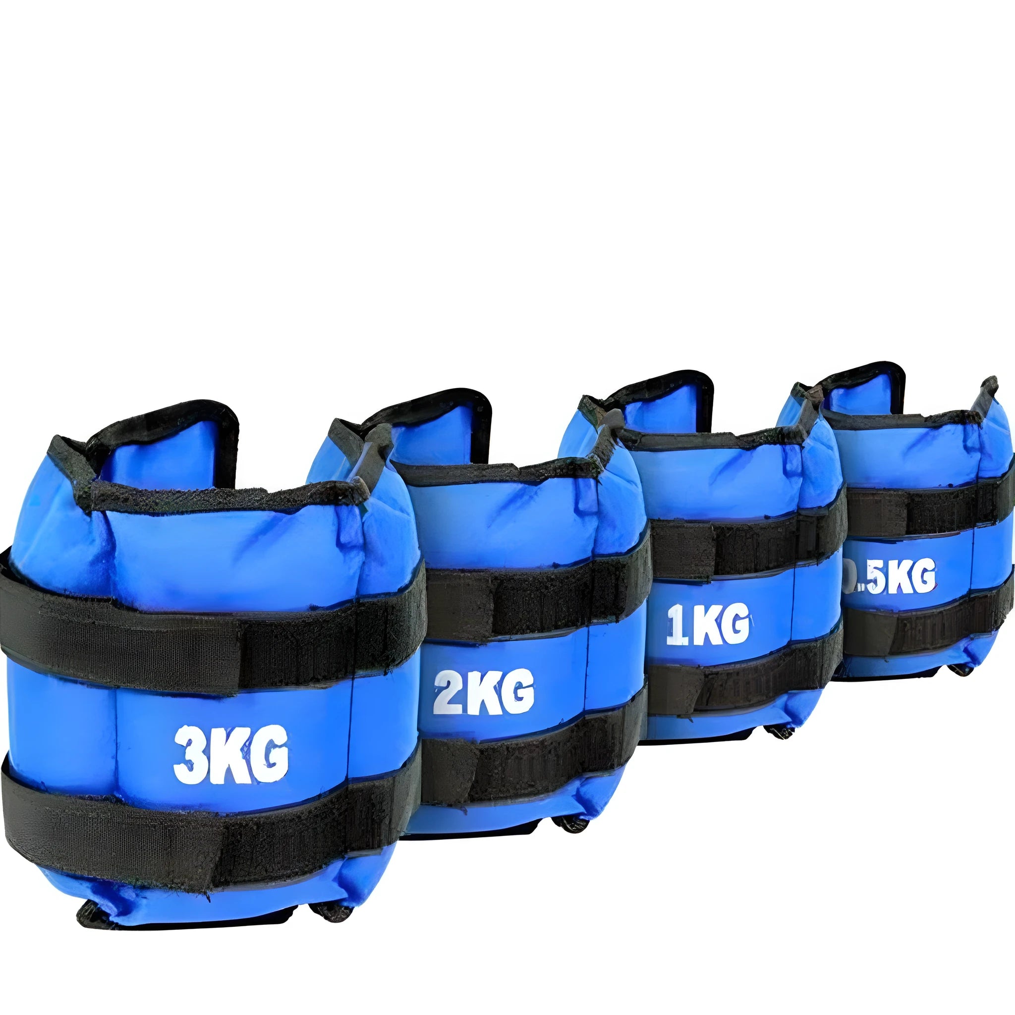 A pair of Oxford cloth legging sandbags for athletic training, shown with weight options from 1kg to 6kg.
