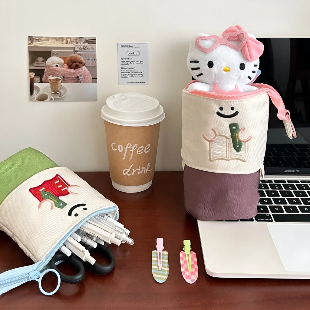 Brown cartoon Korean style collapsible pencil case with large capacity