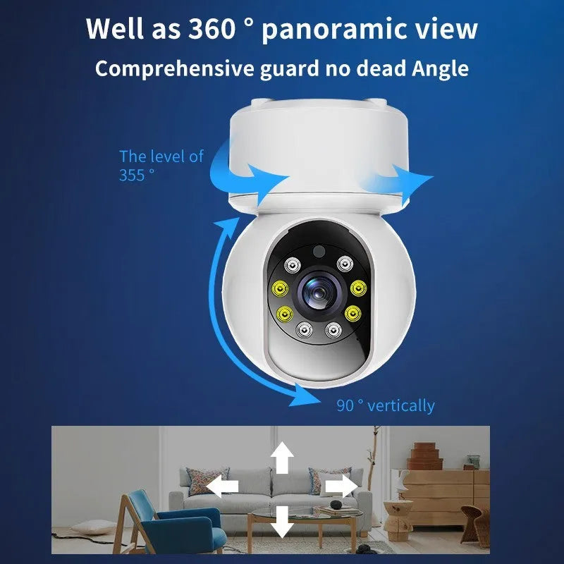 White wireless indoor security camera with 360-degree rotation capability on stand