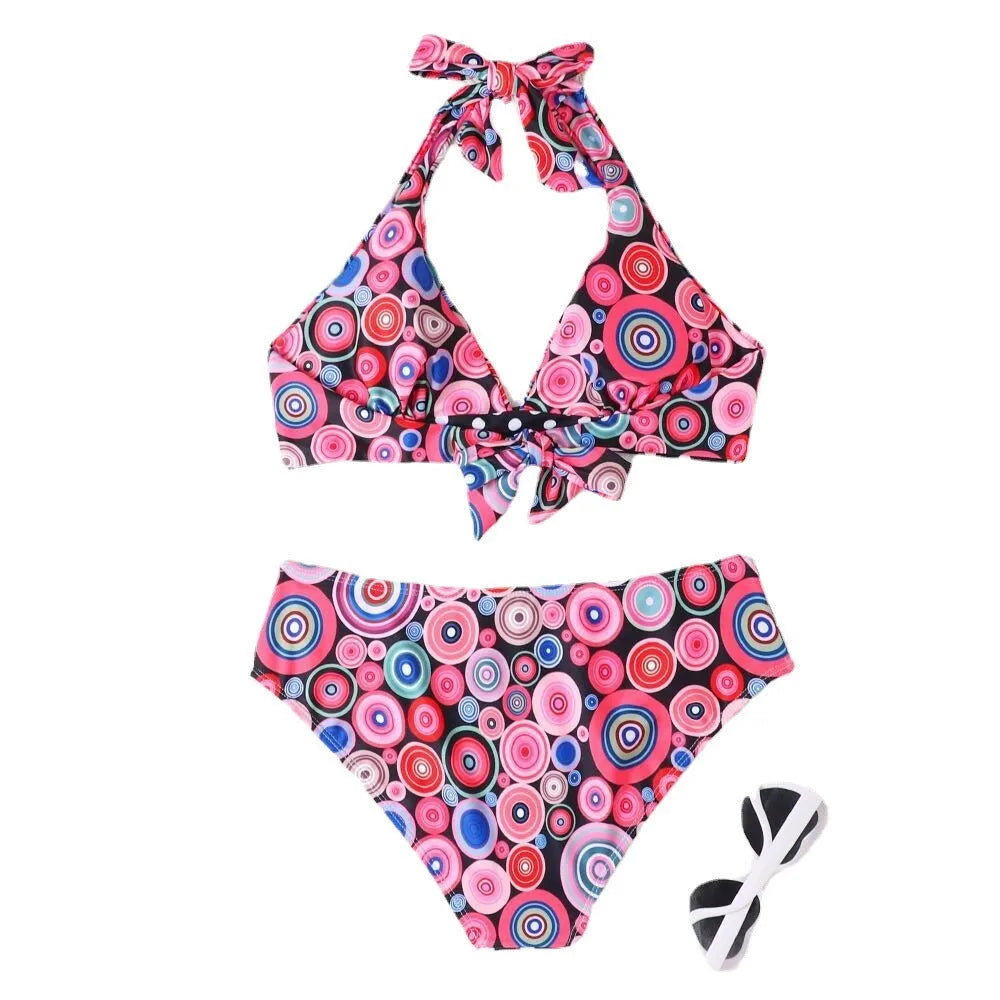 Women's printed high waist split bikini suit with floral pattern in two colours