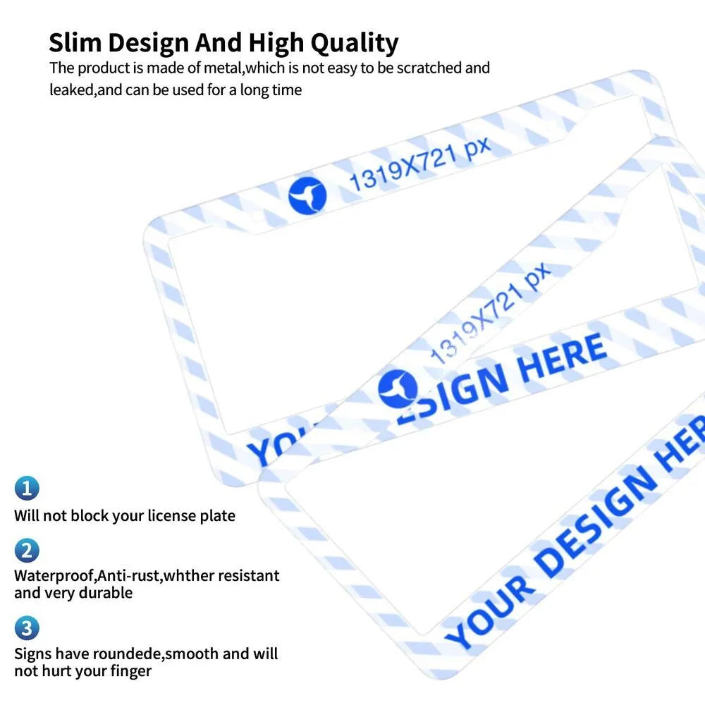 Pair of aluminium round hole license plate holders with custom print design, corrosion resistant, for front and rear car plates