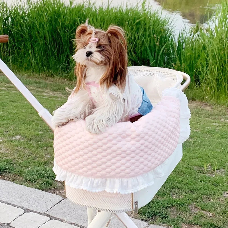 Removable washable pet stroller pad set showing towel, cushion, and pillow in a floral pattern.
