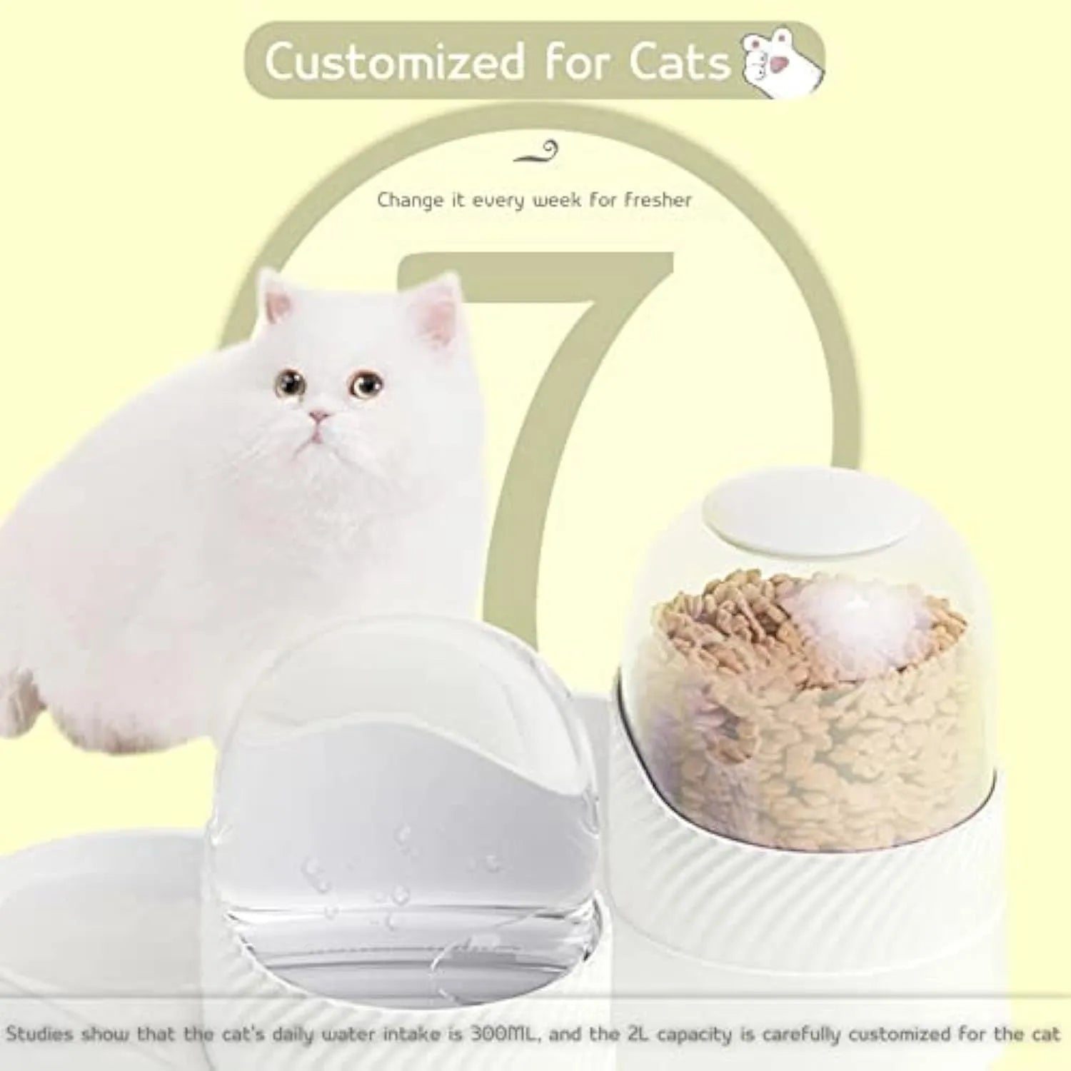 White automatic gravity cat feeder and water dispenser set with wave-shaped design on a table.