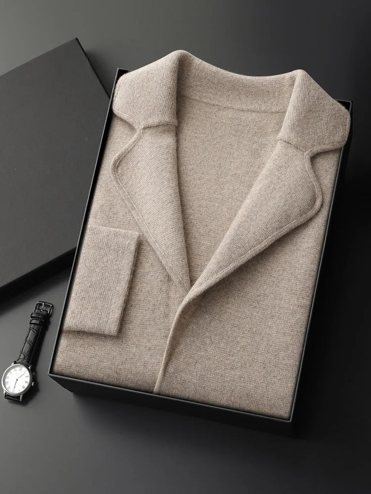 Men's loose fit cashmere-blend cardigan jacket in thickened construction showing colour options