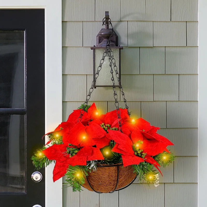 Red artificial Christmas flower hanging basket wall decoration with pre-assembled floral arrangement