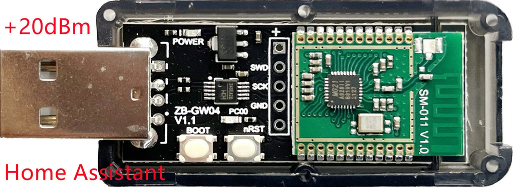 Silicon Labs EFR32MG21 Zigbee USB dongle in a white plastic housing.