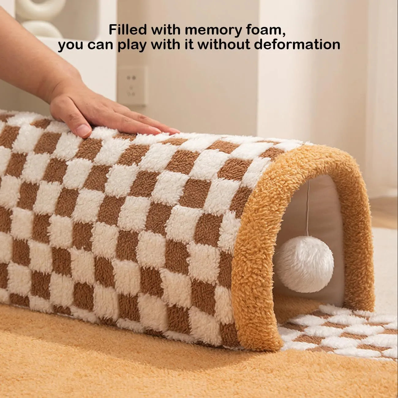 Large XL fan-shaped plush pet bed with a tunnel, in yellow plaid fabric with an anti-slip base.