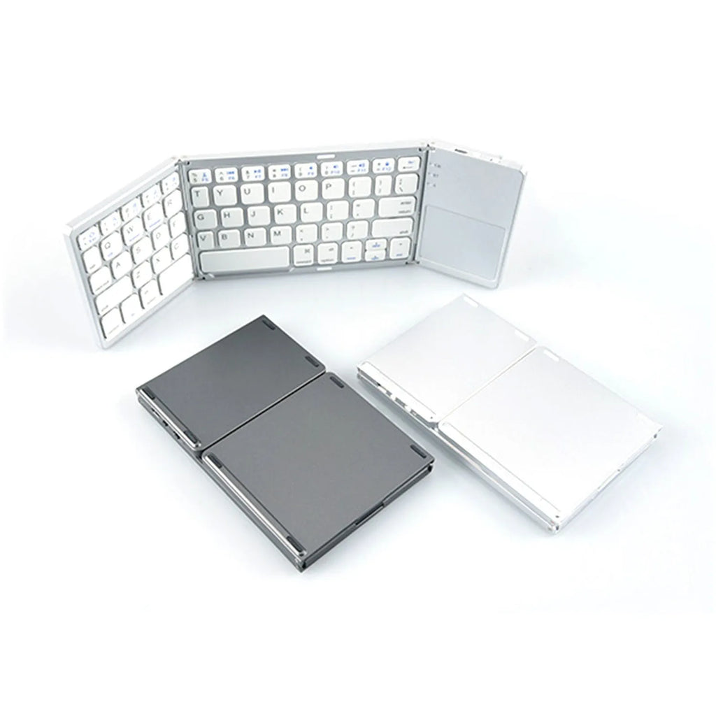 Tri-fold Bluetooth keyboard in black colour showing folded and unfolded positions