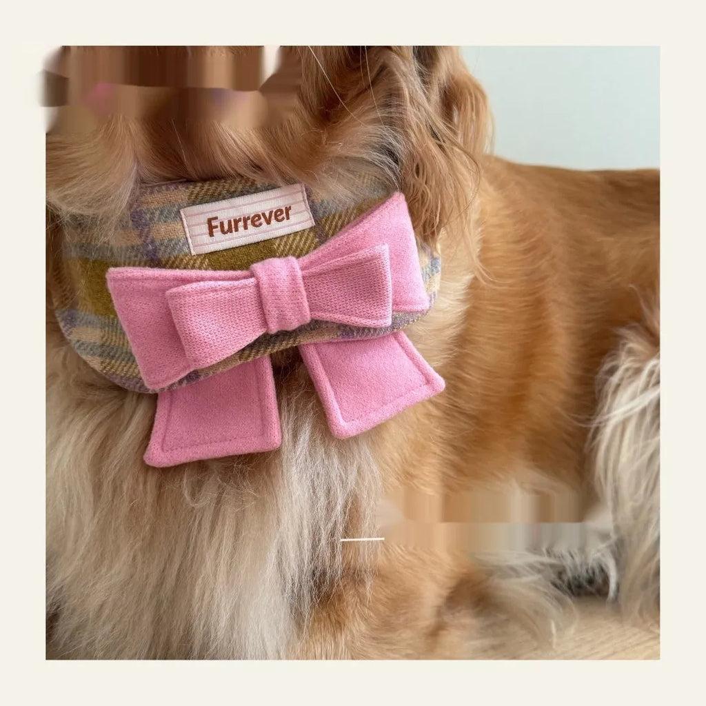 My Maillard Puppy Bow Bib in Maillard Gift colour, adjustable polyester dog feeding collar with decorative bow, size options from Mini to XL