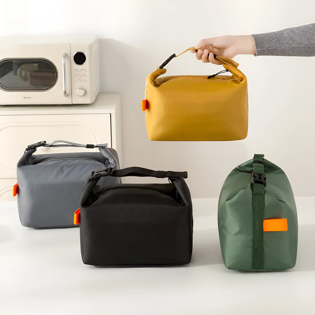 Japanese style insulated bag in army green Oxford cloth showing wide opening.
