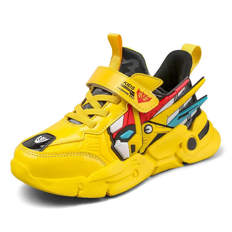 Children's leather-look running shoes with Velcro straps in yellow, black-red, and blue colour options