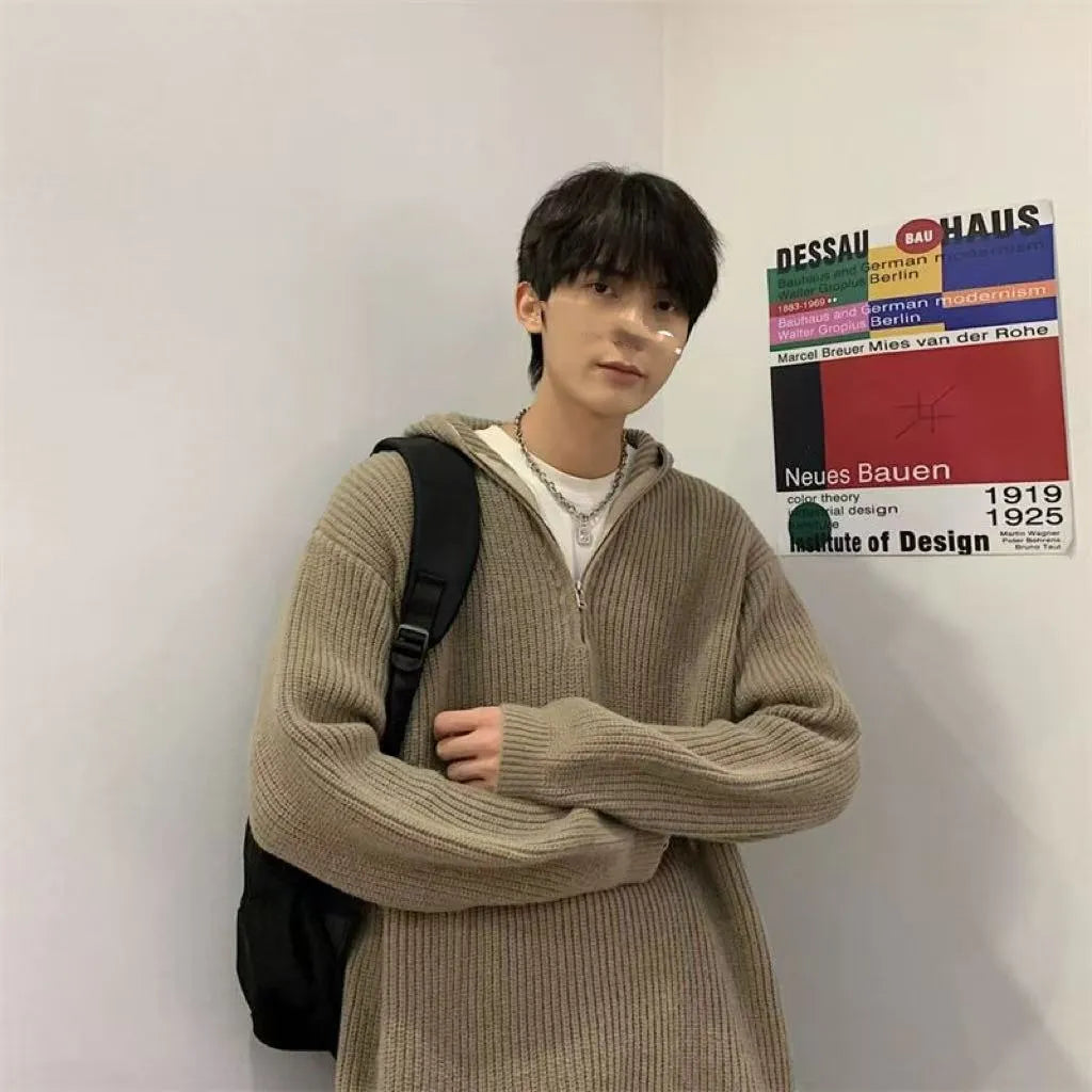 Men's half zipper hooded sweater in gray, polyester winter pullover with long sleeves