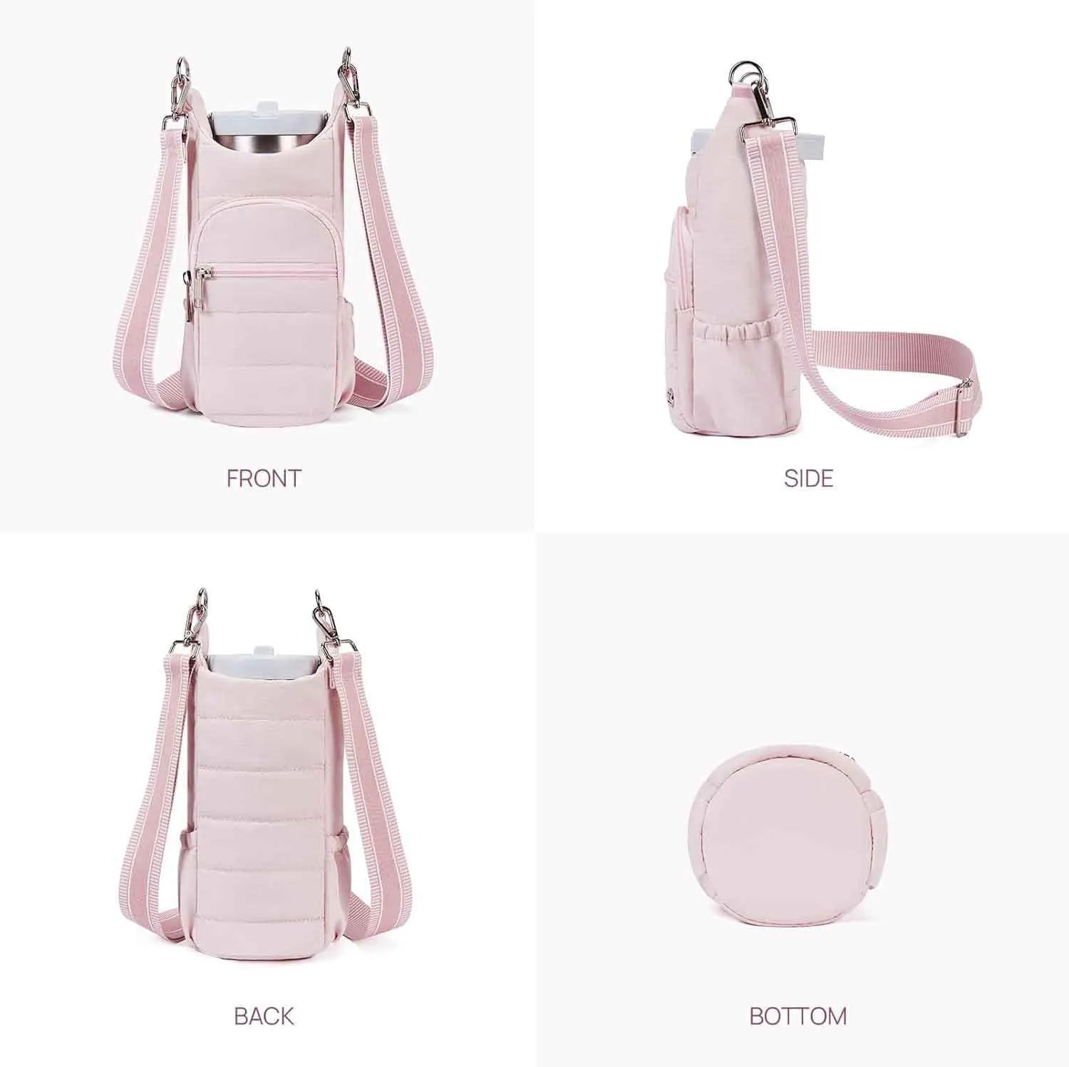 Cloth water bottle holder bag for bicycles in beige, black, and pink colour options.