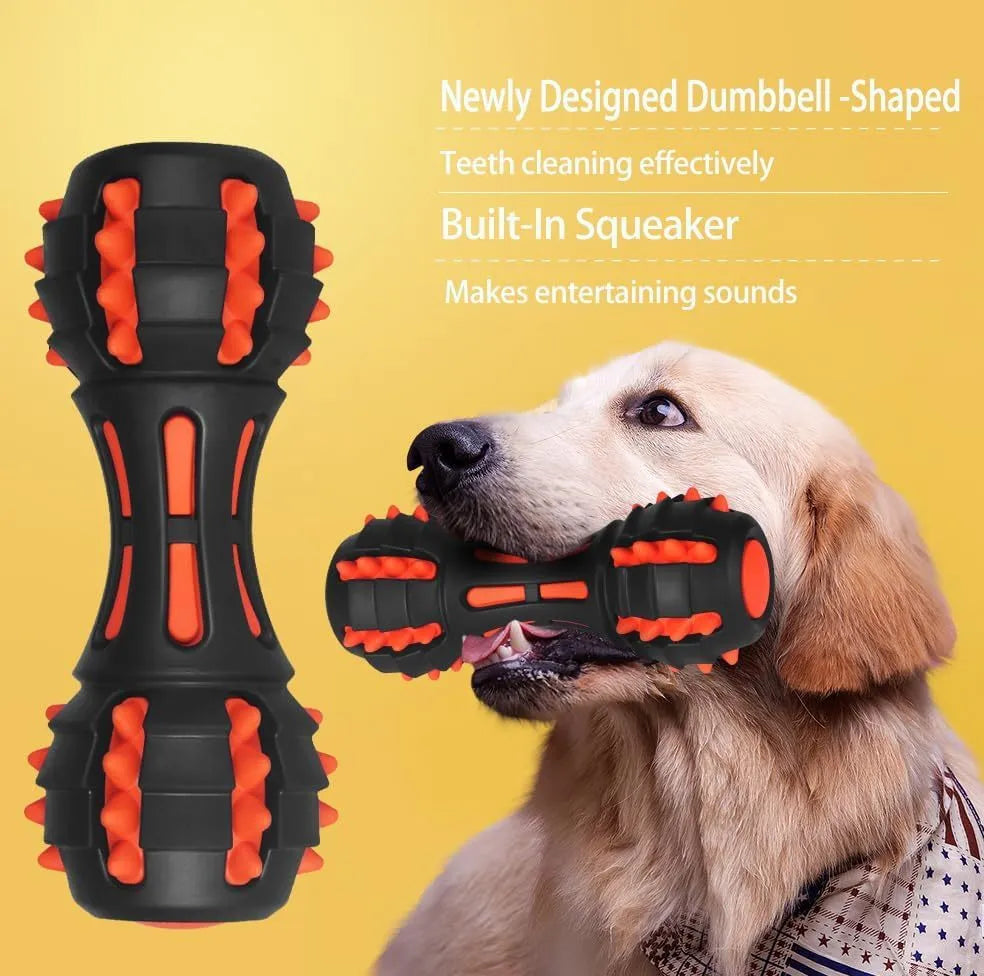 Red dumbbell-shaped dog chew toy made of durable natural rubber with a squeaker inside.