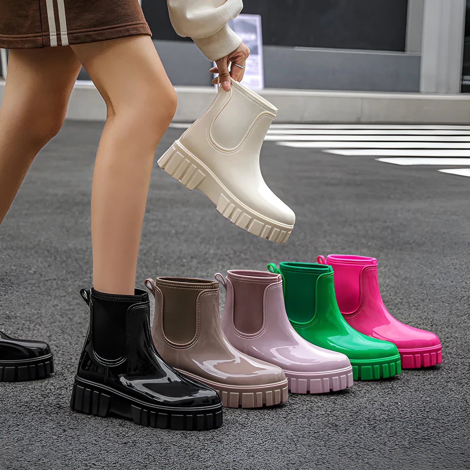 Women's creamy-white PVC low tube rain boots with flat heel and non-slip sole.