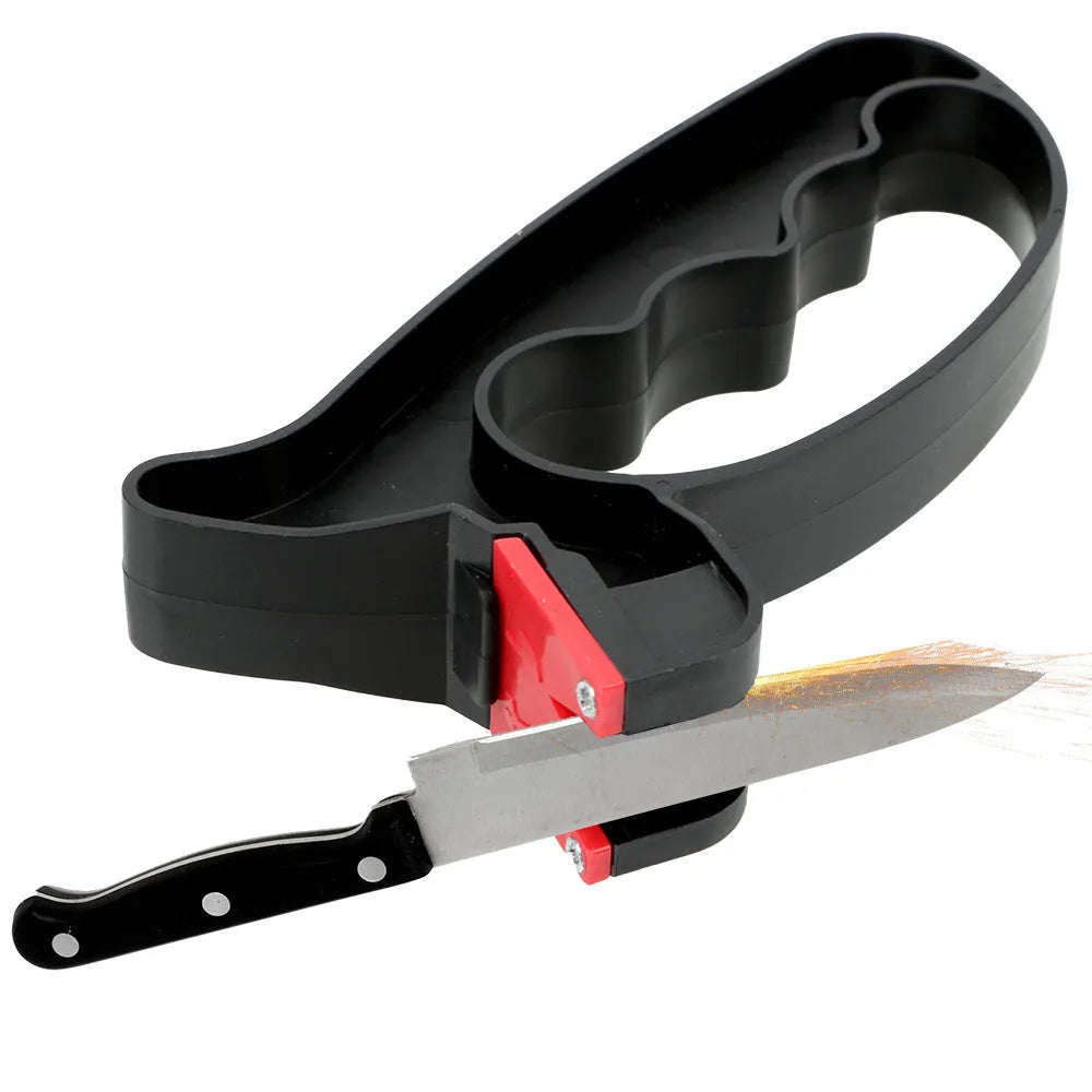 Black handheld knife and scissor sharpener with ergonomic handle on a plain background.