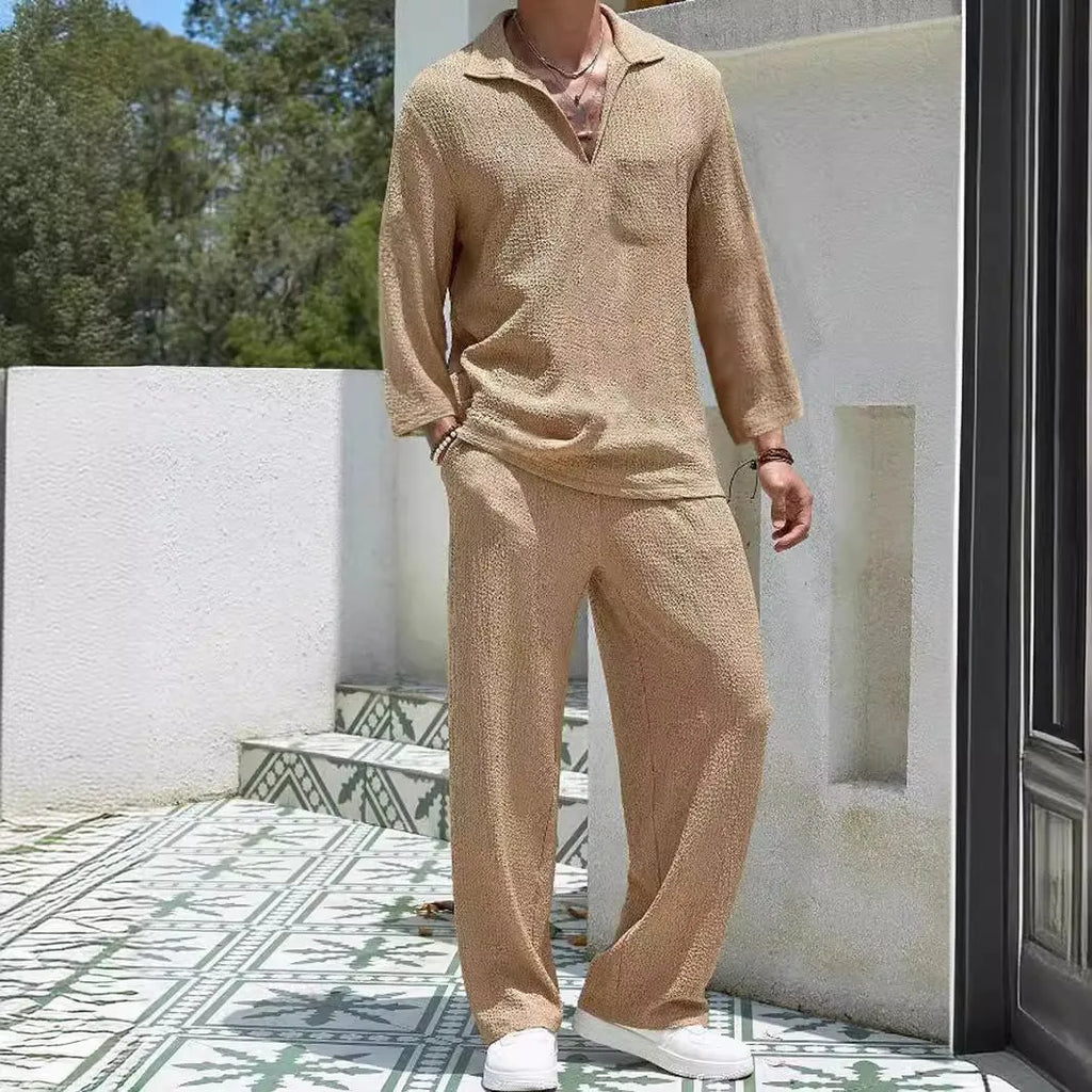 Men's casual shirt and trousers commuter suit set in lake blue, displayed on a hanger.