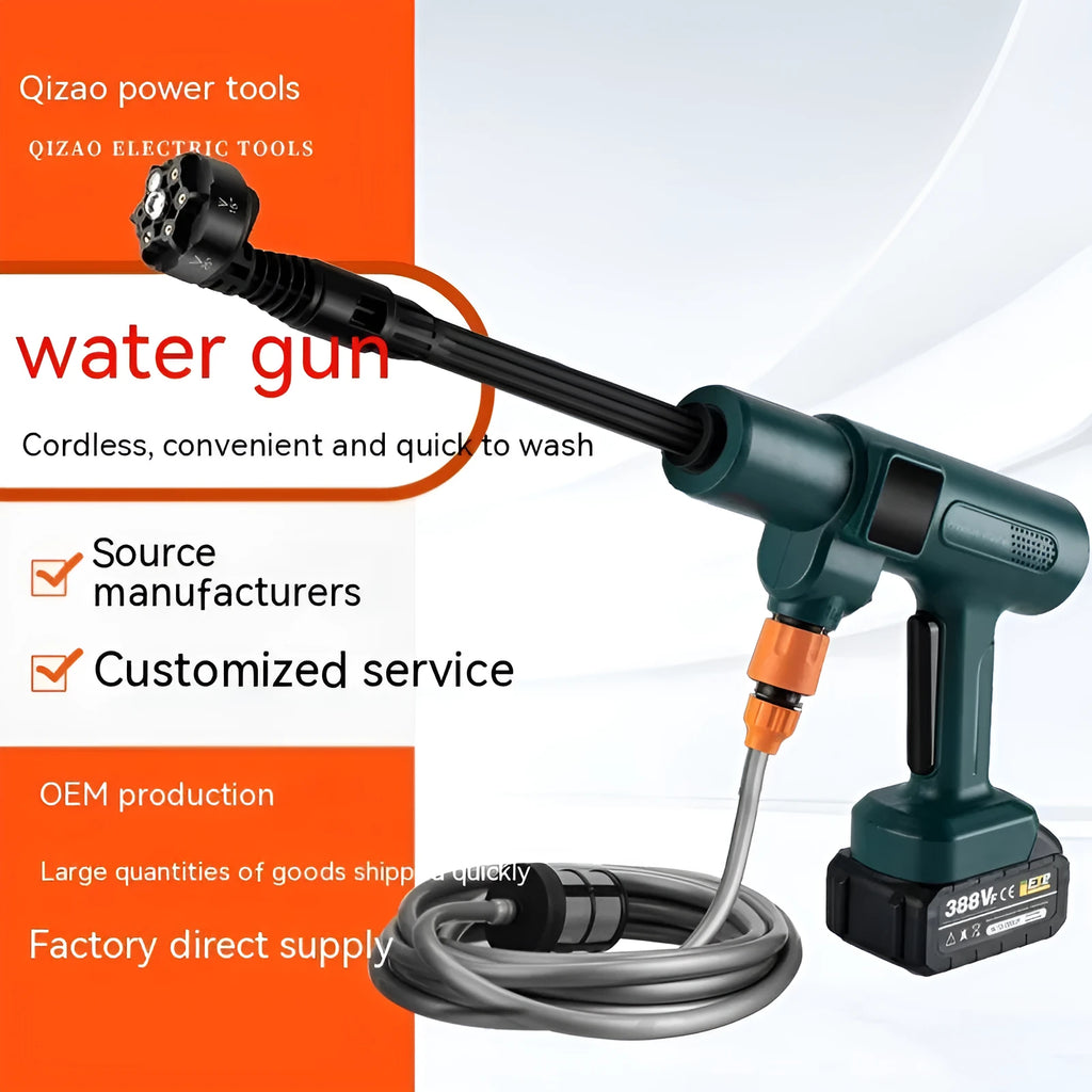 Brushless water gun with stainless steel head for car washing, 18V battery power, 25 metre spray distance