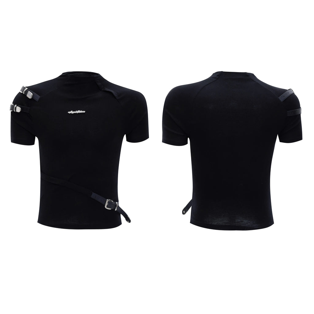 Men's slim fit cotton t-shirt with metal belt detail on stand-up collar in black or white