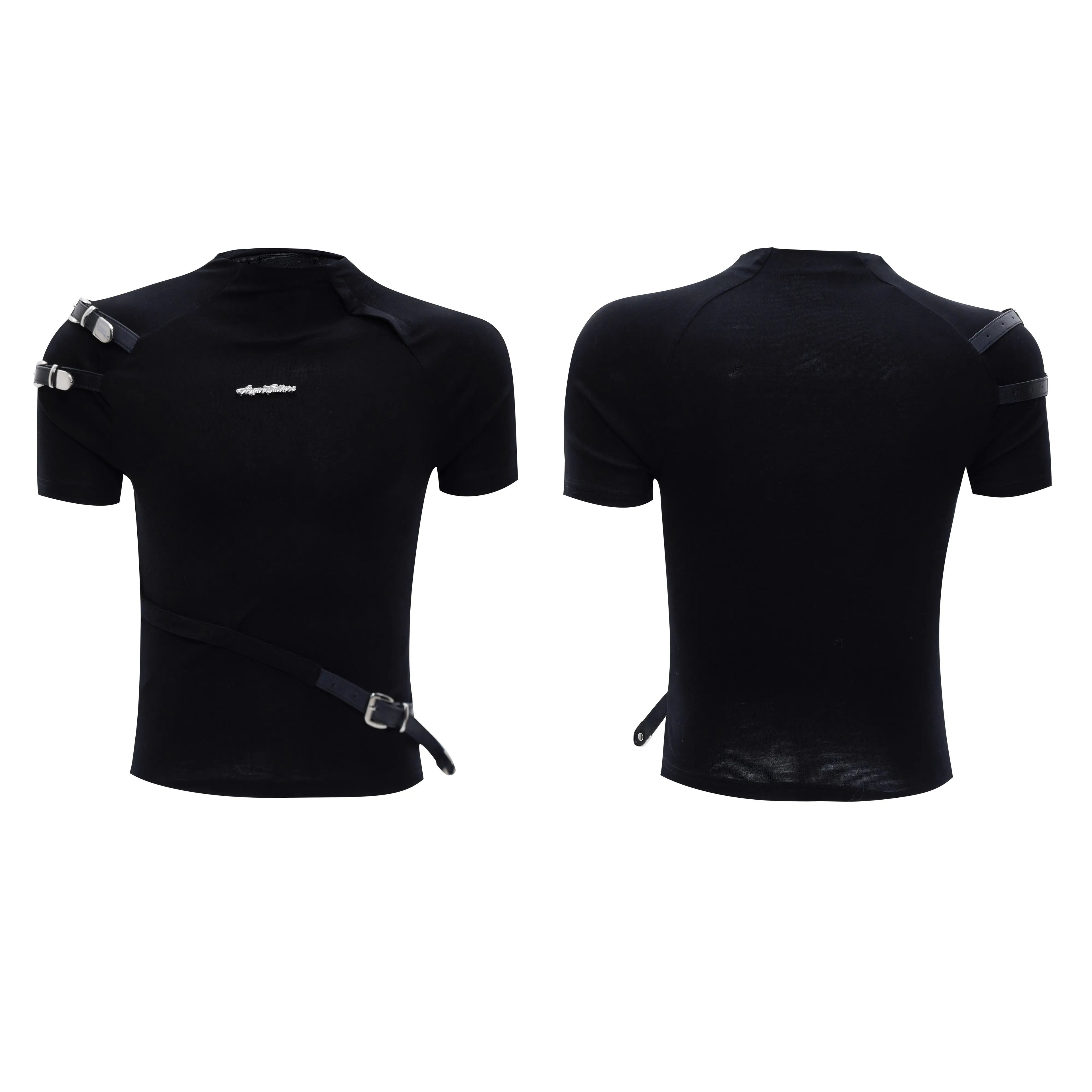 Men's slim fit cotton t-shirt with metal belt detail on stand-up collar in black or white
