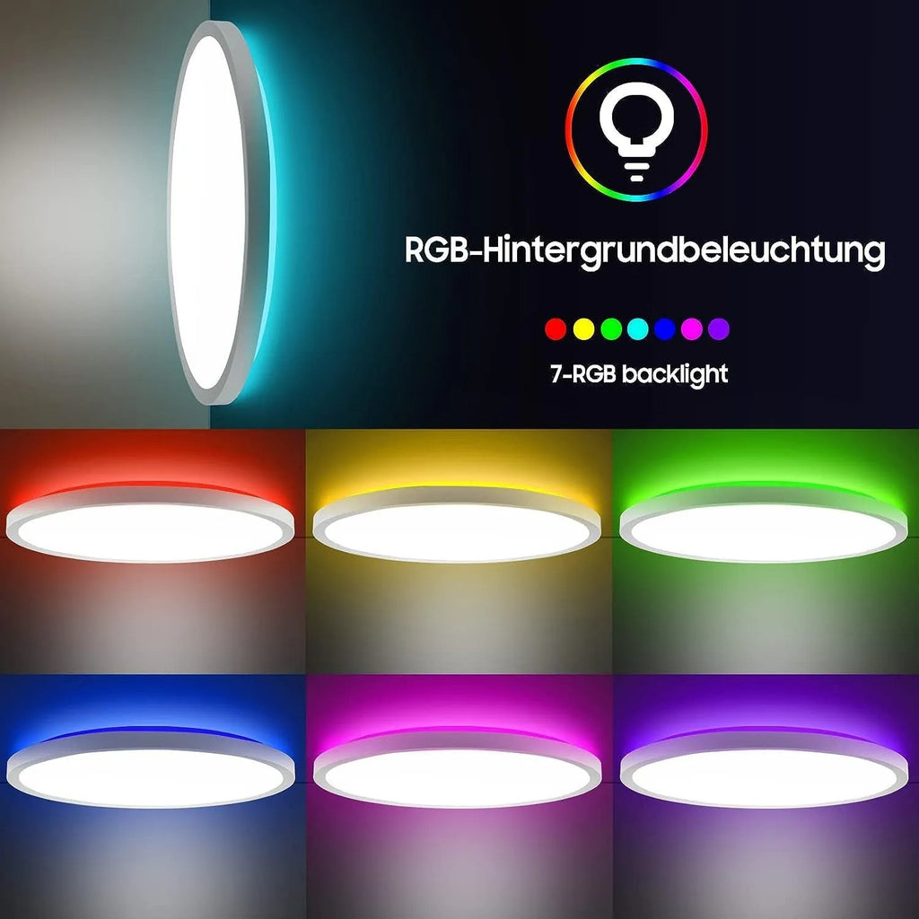 24W round LED ceiling light with RGB backlight remote control white frame flush mount 29cm diameter