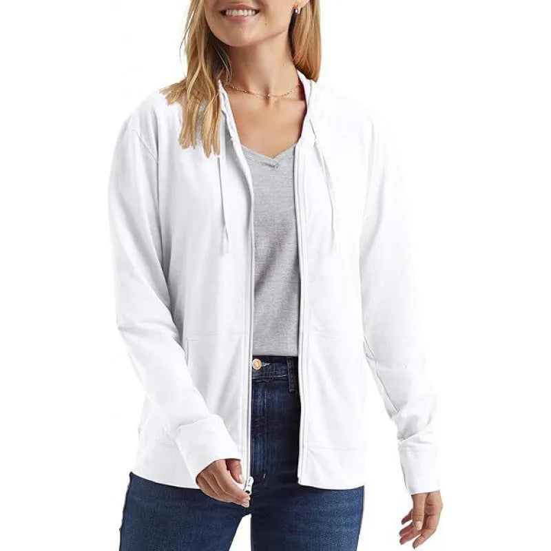 A loose-fit solid colour hoodie sports top shown on a hanger, available in black, white, grey, dark blue, sky blue and dark pink.
