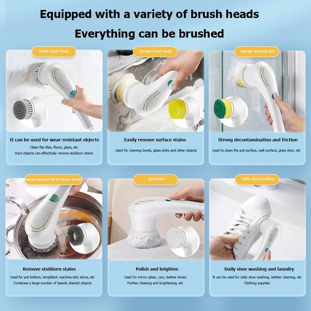 White cordless electric handheld scrubber with five attached brush heads on a table next to a USB charging cable.