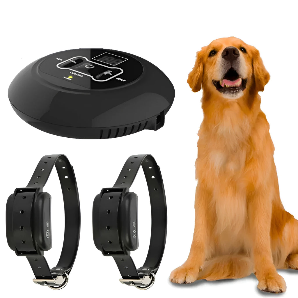 Pet wireless trainer bark stop device with digital display, transmitter 19.5 x 15.5 x 5.5 cm, and waterproof receiver