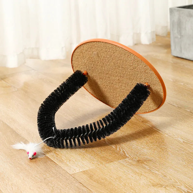 Black arch-shaped cat scratching post with brush, attached plush mouse toy, and non-slip base.