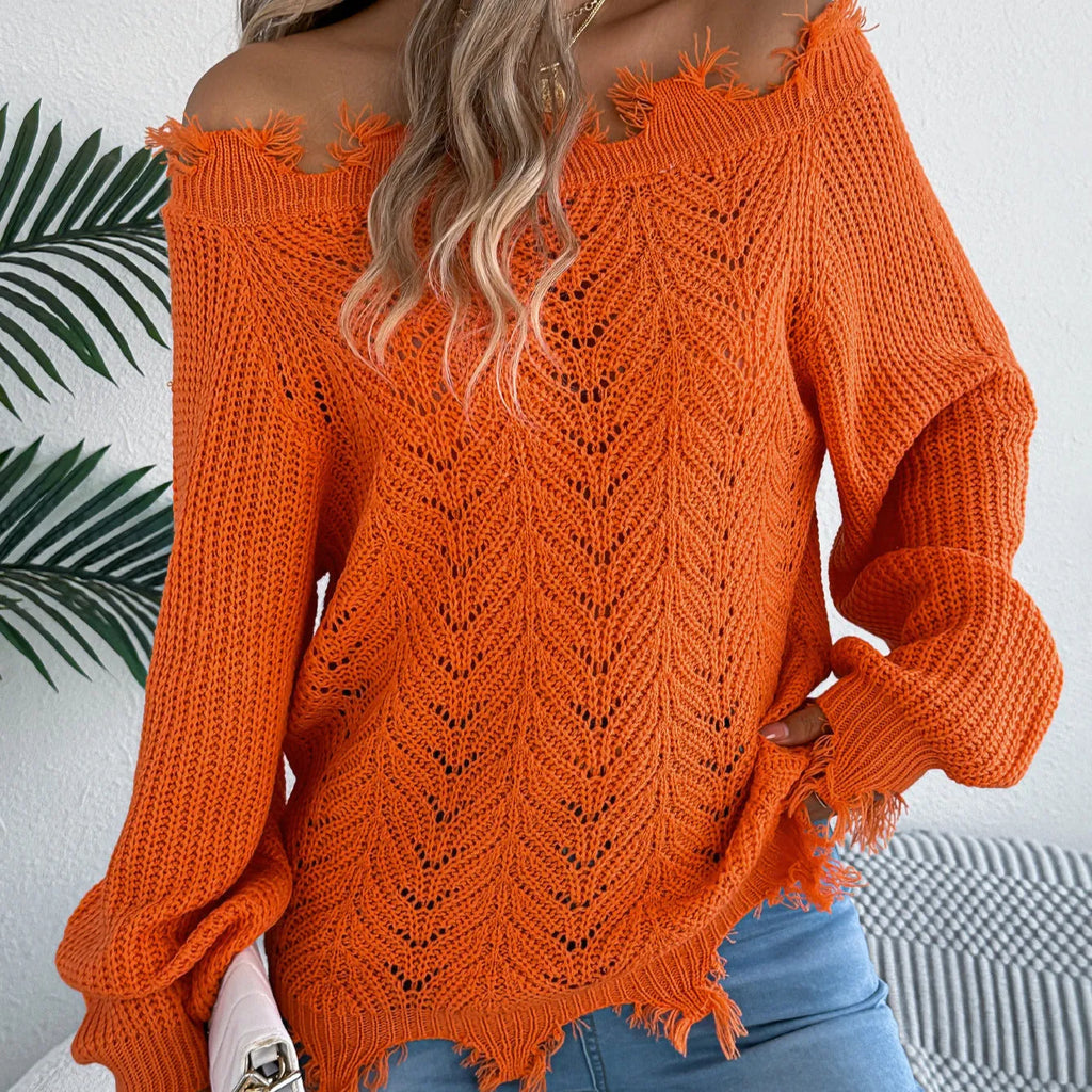 Hollow-out long-sleeved cut off-the-shoulder pullover sweater in artificial wool fabric