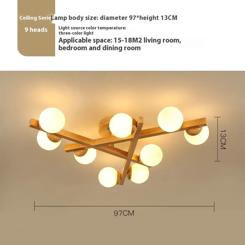 Modern wooden-style ceiling light with three adjustable light heads in a neutral finish