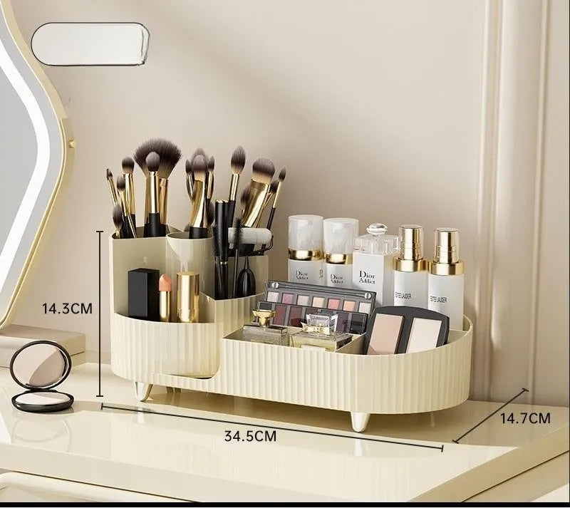 Rotating cosmetics storage box with makeup brushes and lipsticks organised on dresser table
