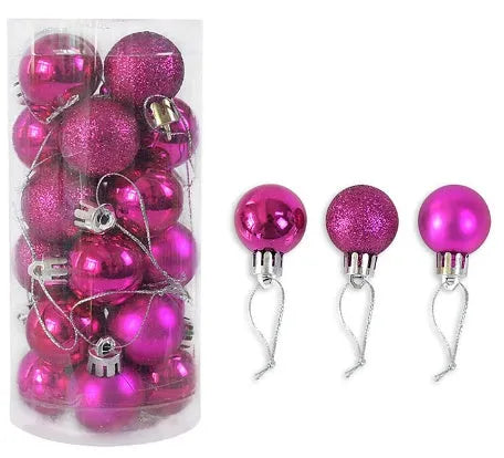 24 gold, red, and silver 3cm plastic Christmas balls with a shiny electroplated finish in a gift box.
