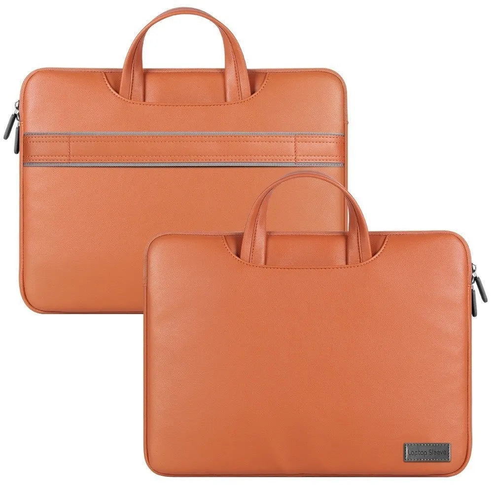 Black PU laptop organiser bag with integrated power bank, open to show compartment for a 13-16 inch notebook.
