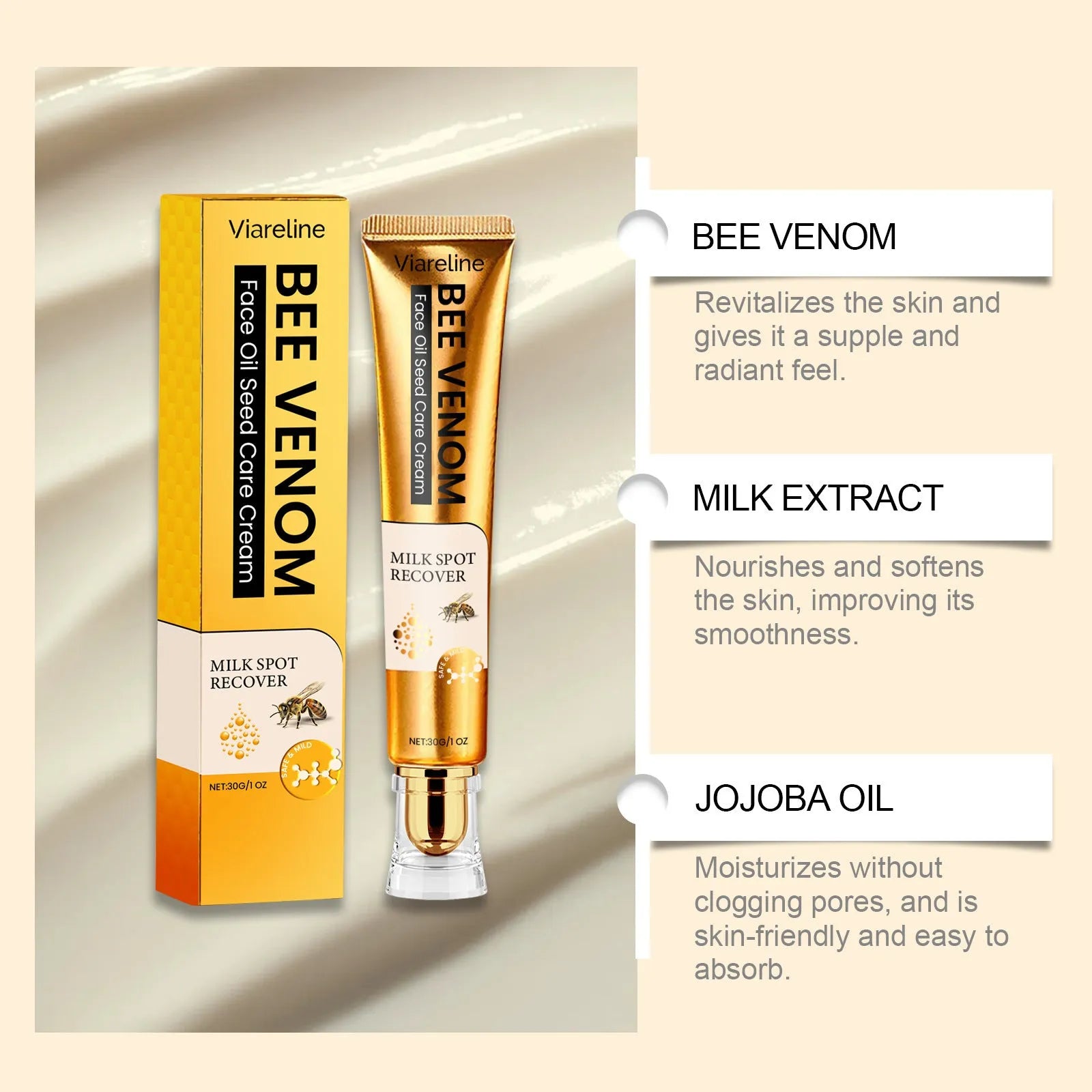 30g jar of hydrating facial and neck cream with bee venom and milk extract.