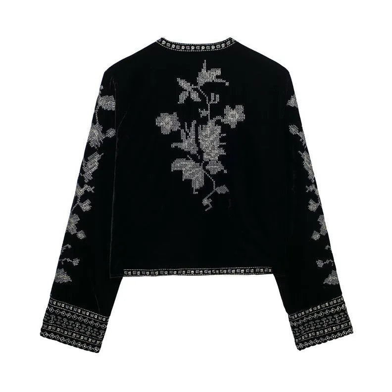 Women's casual embroidered velvet jacket in black with loose fit and long sleeves