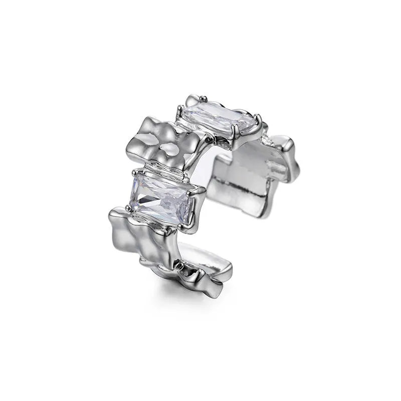 Silver geometric open gemstone ring with retro design and three-dimensional decoration
