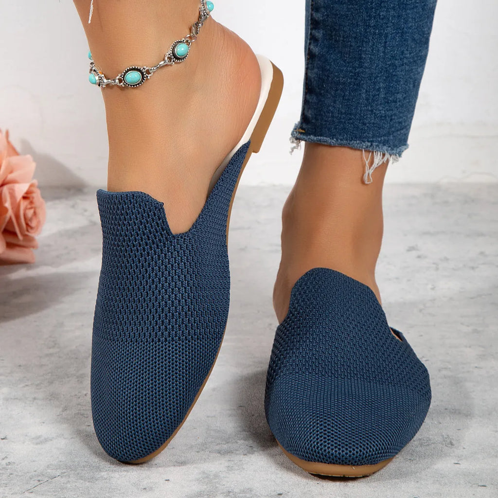 Apricot, blue, and green mesh slip-on sandals with round toe and flat rubber sole.