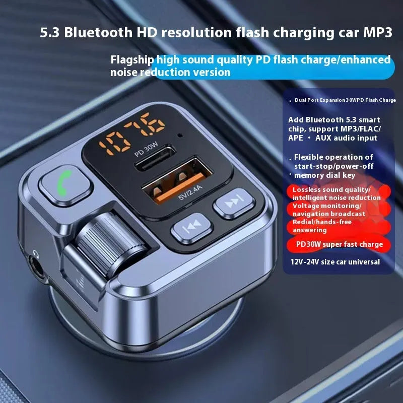 Bluetooth car MP3 player transmitter with dual USB charging ports and LED display plugged into a 12V car socket.