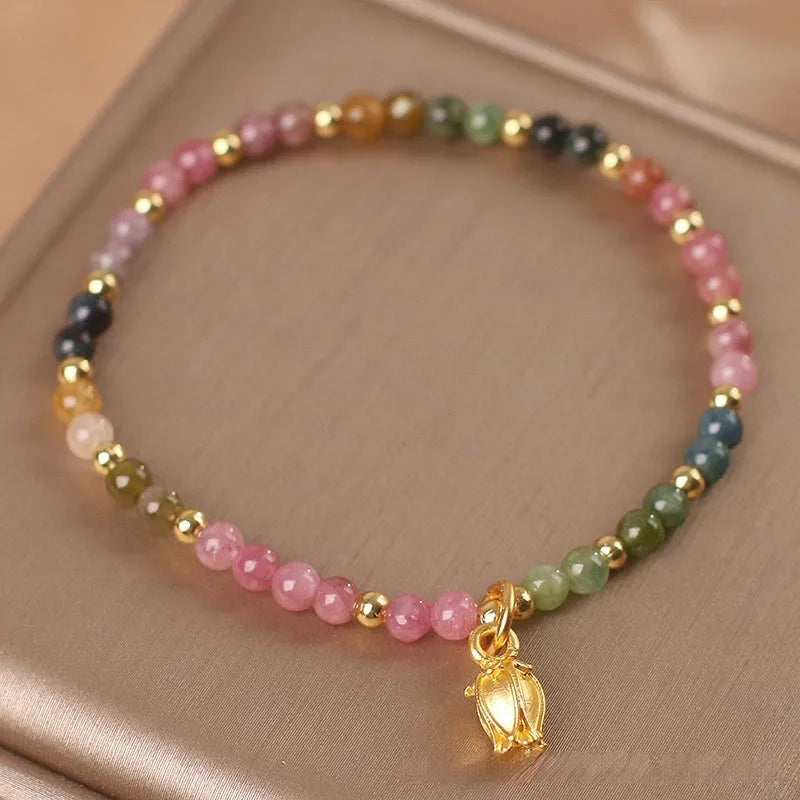 Natural tourmaline beaded anklet with flower design, adjustable chain with secure clasp