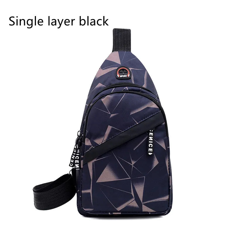 Men's blue print sling chest bag with a visible earphone hole and a single adjustable strap.
