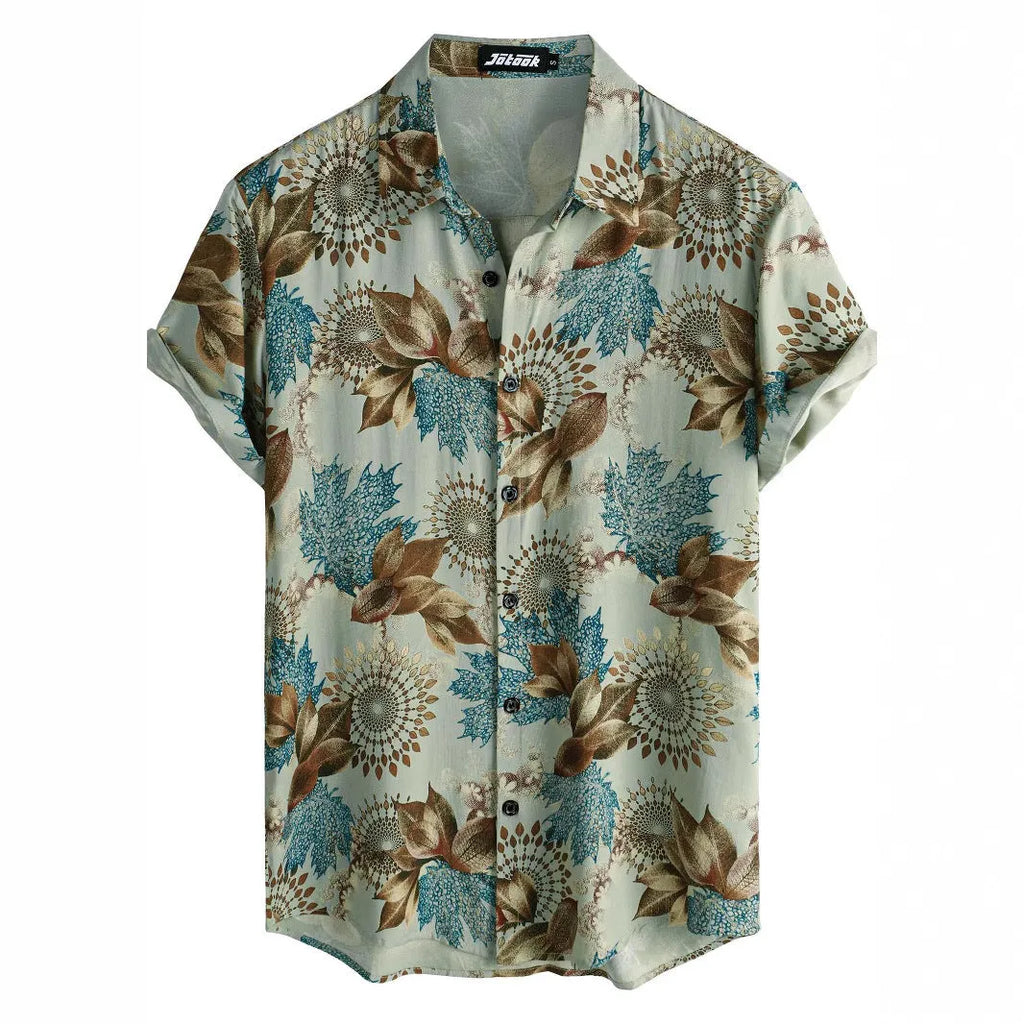Hawaiian floral print lapel short sleeve shirt in street fashion style with elastic fabric