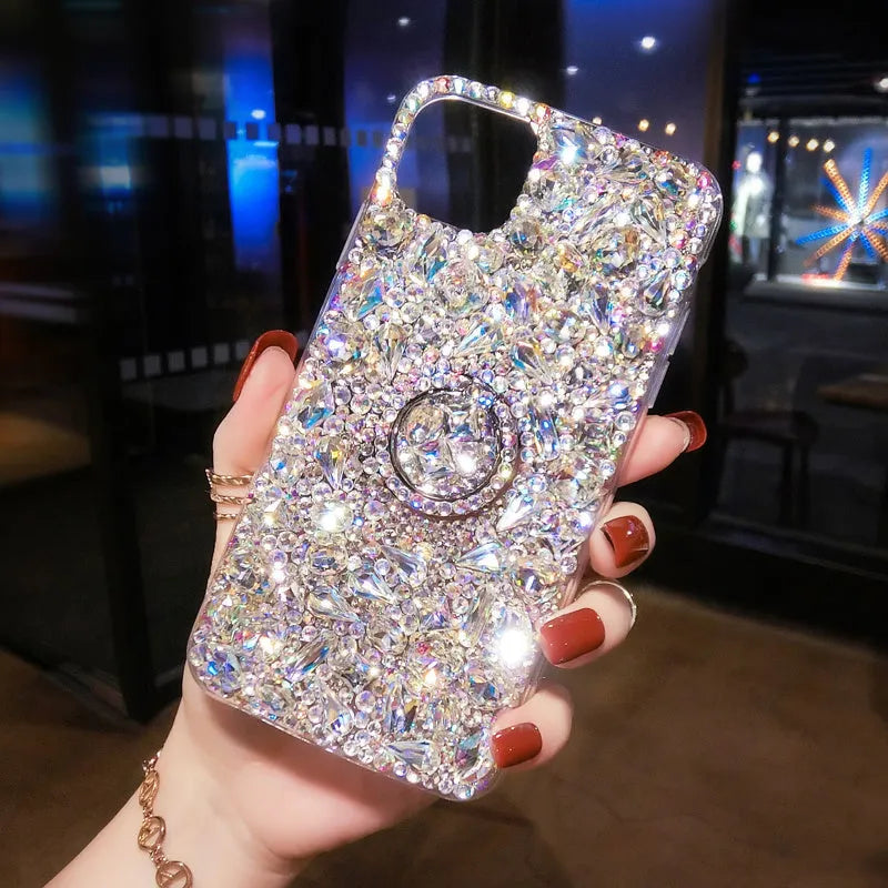 Clear diamond texture acrylic phone case with a flip-out stand bracket for Samsung Galaxy models.