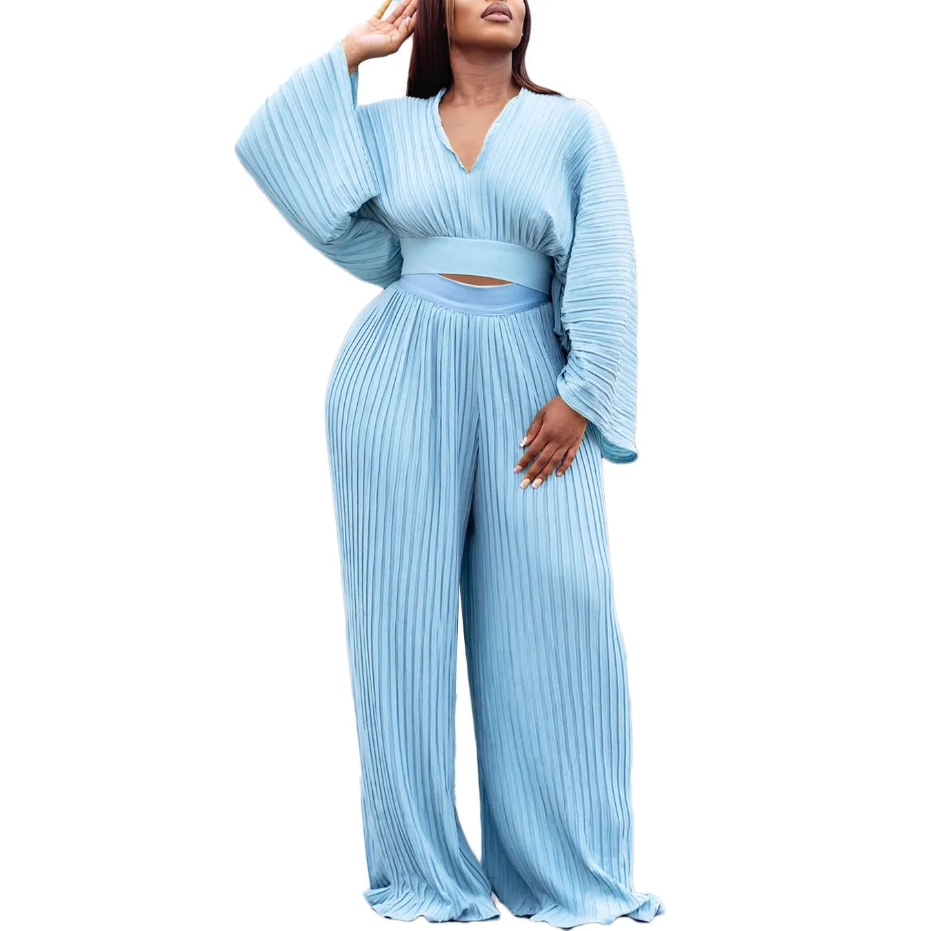 African suit two-piece set with batwing sleeve top and wide leg trousers in red or sapphire blue