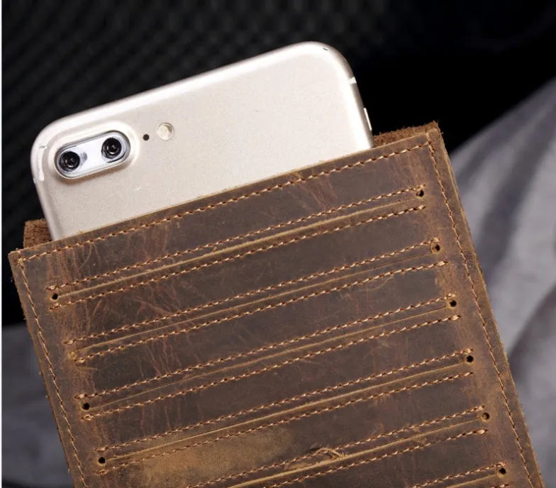 Men's slim leather card holder wallet with multiple card slots and a mobile phone pocket.